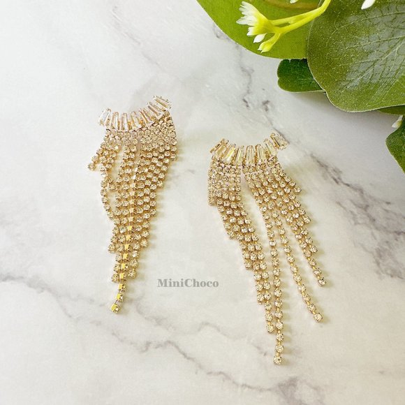 Gold Tone CZ Curved Tapered Baguette Cascading Earrings - Picture 2 of 7
